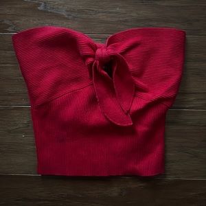 Red Strapless Cropped Bow Top